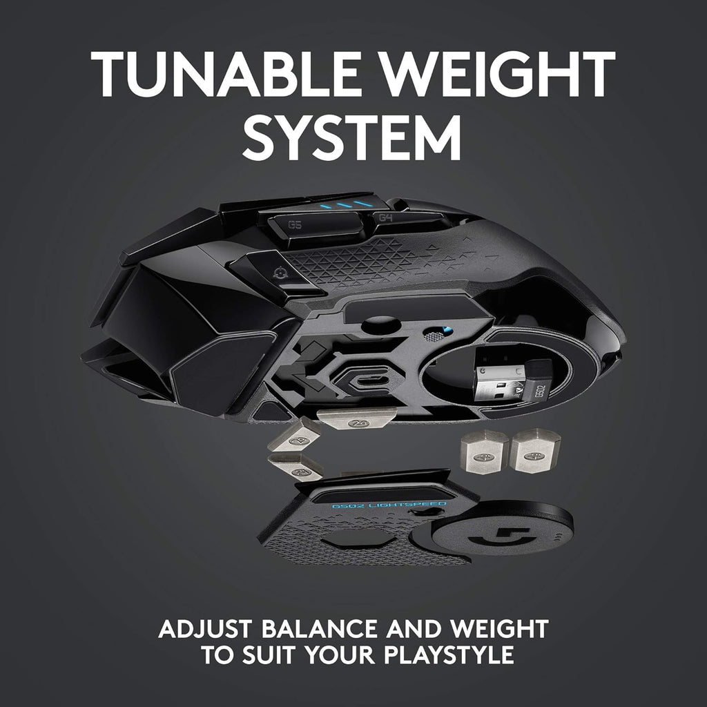 Souris gaming à connectivité sans fil Logitech G502 Lightspeed doté de capteur Hero 25K, compatible PowerPlay, poids ajustables et éclairage RVB Lightsync - Noir