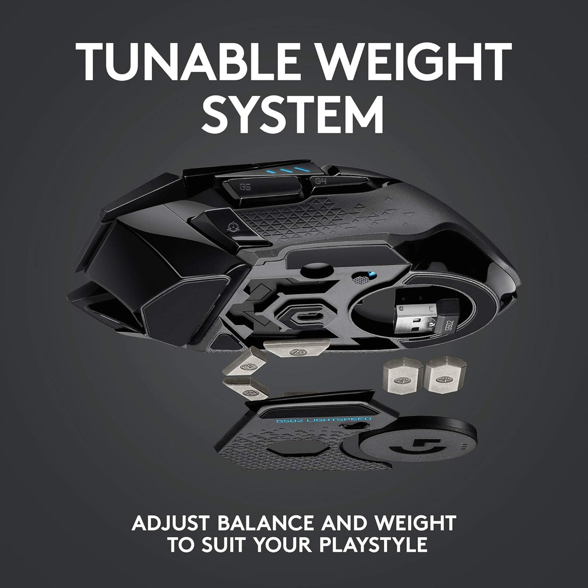 Souris gaming à connectivité sans fil Logitech G502 Lightspeed doté de capteur Hero 25K, compatible PowerPlay, poids ajustables et éclairage RVB Lightsync - Noir