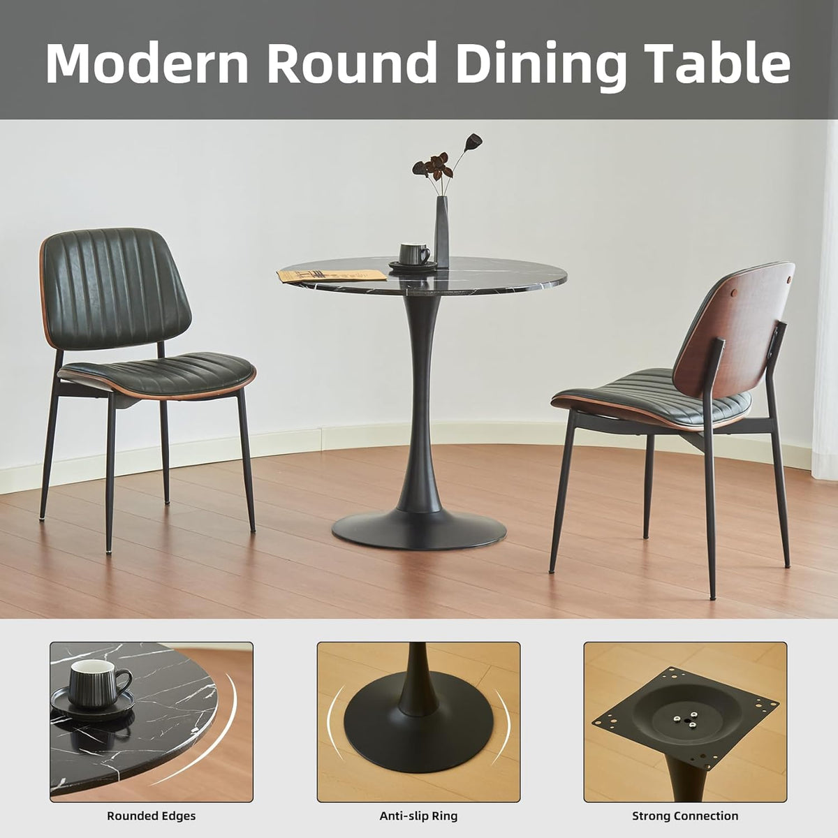 Table de salle à manger ronde, table tulipe circulaire de 80 cm dotée de plateau épais et pied en métal, table bistro moderne du milieu du siècle pour cuisine, petits espaces, salon, café (motif marbre noir)