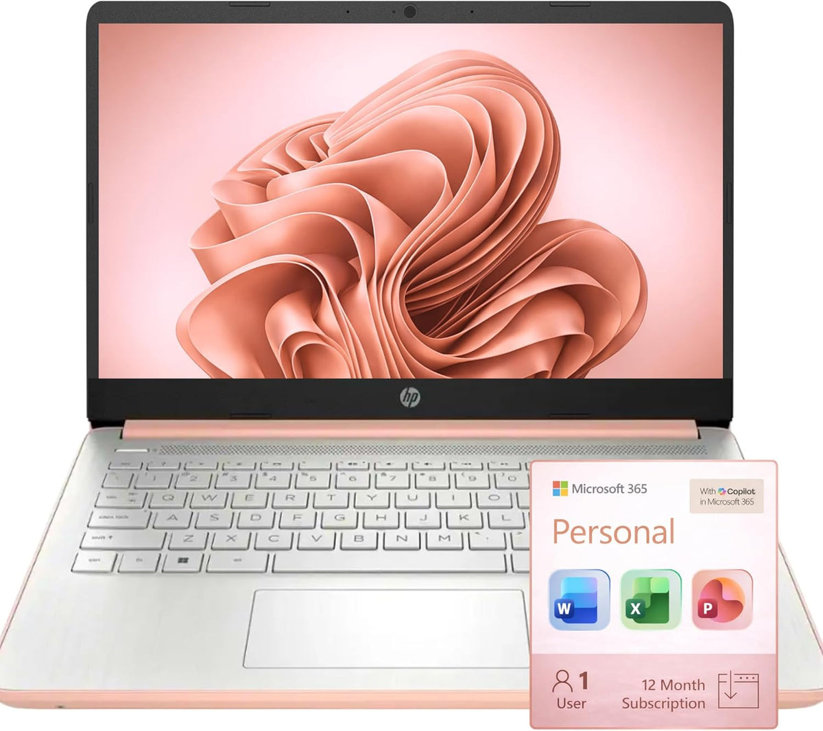 Ordinateur compact portable HP Ultrabook, 8 Go de RAM, 1,1 To de stockage (1 To OneDrive + 64 Go SSD), Microsoft 365 inclus, processeur Intel 2 cœurs | Rapide, intelligent, économique, compatible IA, sans souris, couleur or rose