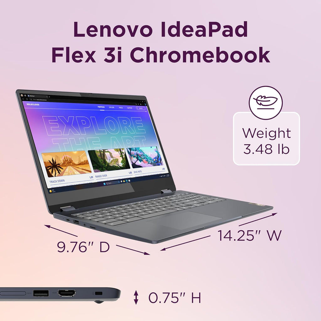 Ordinateur compact portable Chromebook Lenovo IdeaPad Flex 3i, carte graphique Intel® UHD, écran FHD 15,6 pouces, processeur Intel Pentium N6000, 8 Go de RAM, SSD 128 Go, écran tactile 1920 x 1080 px, Chrome OS, bleu abysse