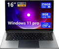 Ordinateur compact portable 16 pouces, 8 Go de RAM DDR, SSD de 256 Go extensible à 1 To, processeur quadricœur Pentium jusqu'à 2,64 GHz, batterie 9000 mAh, interface USB 3.0, Wi-Fi double bande, webcam, format fin.