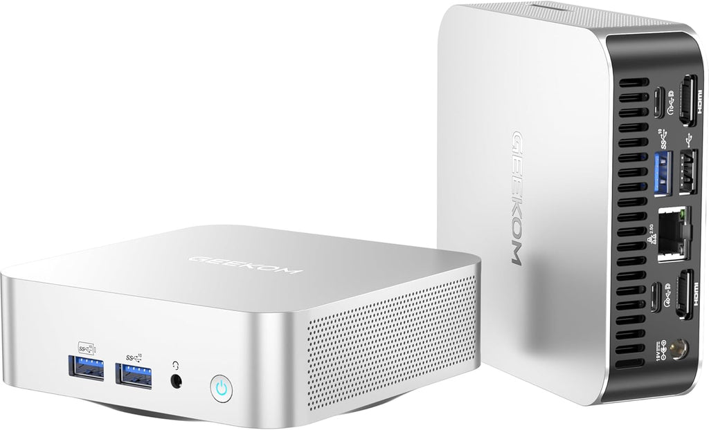 Mini PC GEEKOM A6 doté de processeur AMD Ryzen 7 6800H, 16 Go de RAM DDR5 (extensible, non LPDDR), SSD NVMe PCIe 4.0 de 1 To, design au format compact en aluminium, Windows 11 Pro, ports USB 4.0/8K/Wi-Fi 6E/Bluetooth 5.2 et lecteur de carte SD.