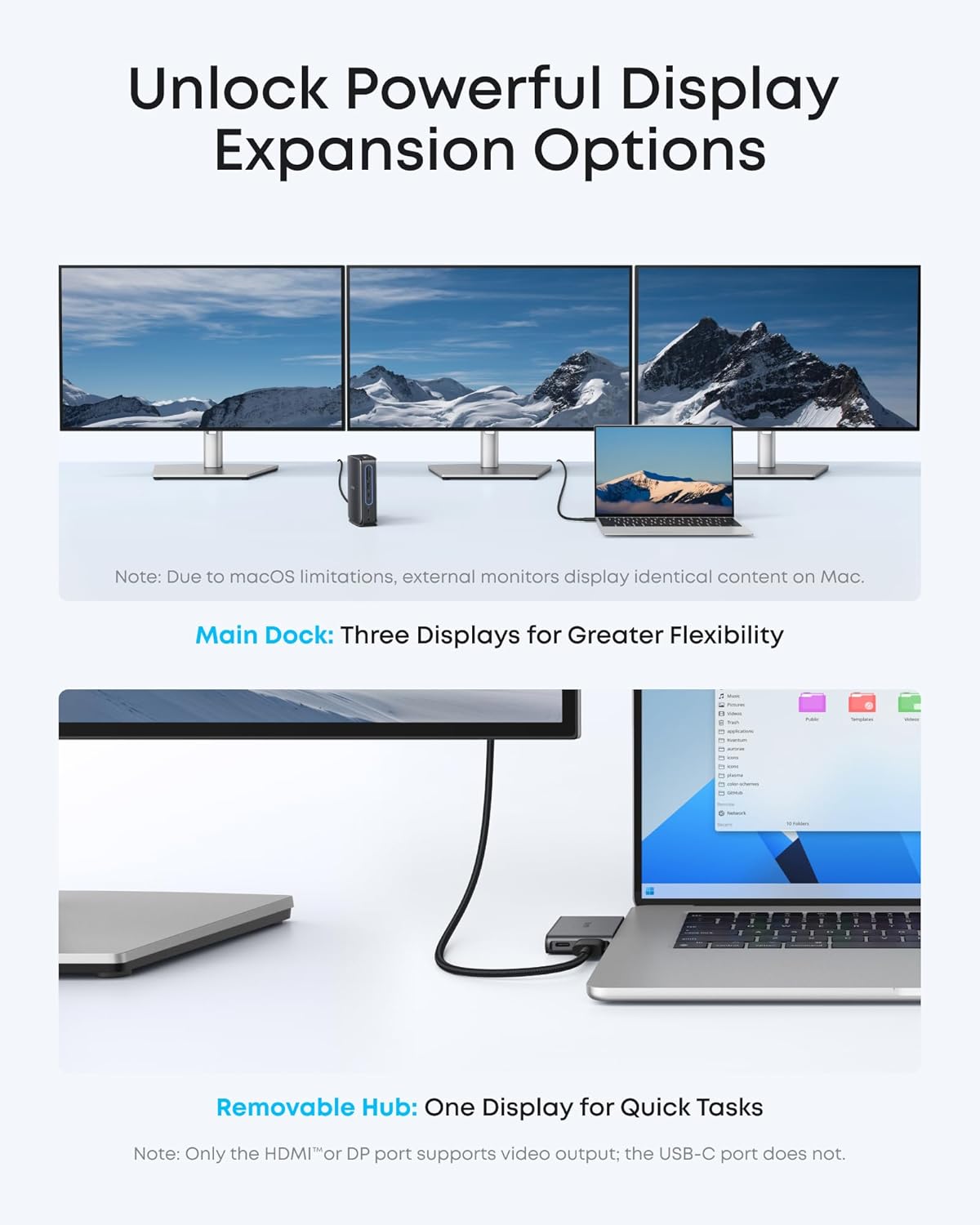 Station d'accueil pour ordinateur compact portable Anker Nano avec hub détachable 13-en-1, triple affichage USB-C, 2 ports HDMI + 1 port DP, USB-C 10 Gbit/s, 3 ports USB-A, audio, lecteur de cartes SD/TF, Ethernet, alimentation 100 W max. Compatible