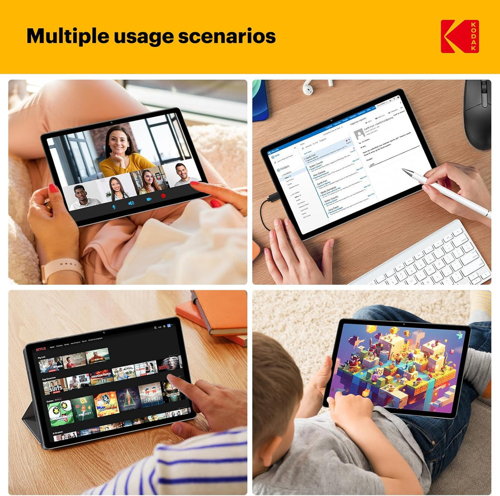 Tablette tactile KODAK K11 Android 15, écran tactile FHD G+G de 10,95 pouces, 12 Go de RAM, 128 Go de stockage (extensible à 1 To), batterie longue durée de 8 000 mAh, quatre haut-parleurs, appareil photo de 16 Mpx, double Wi-Fi, GPS, idéale pour le