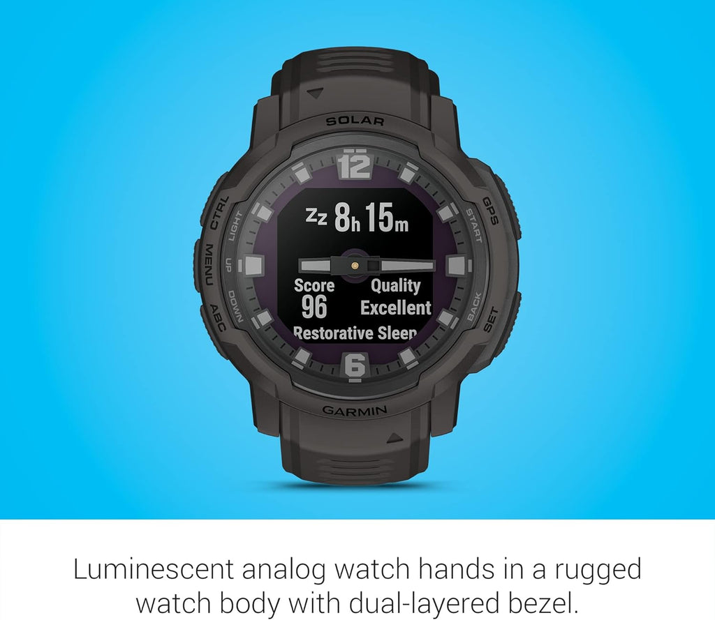 Présentation : Montre connectée hybride robuste Garmin Instinct Crossover Solar avec chargement solaire, aiguilles analogiques et affichage numérique, couleur graphite