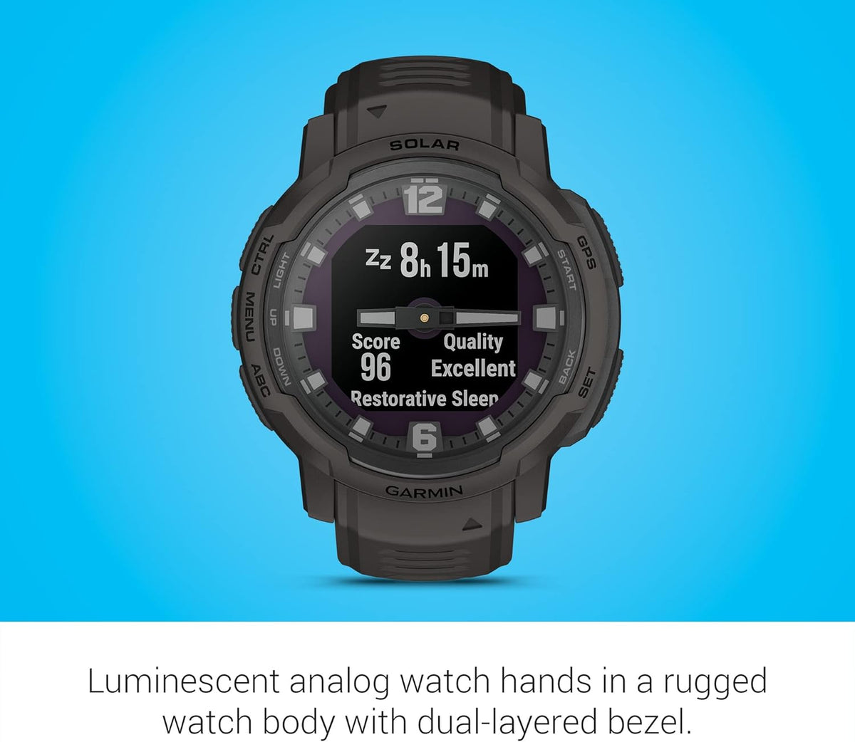 Présentation : Montre connectée hybride robuste Garmin Instinct Crossover Solar avec chargement solaire, aiguilles analogiques et affichage numérique, couleur graphite