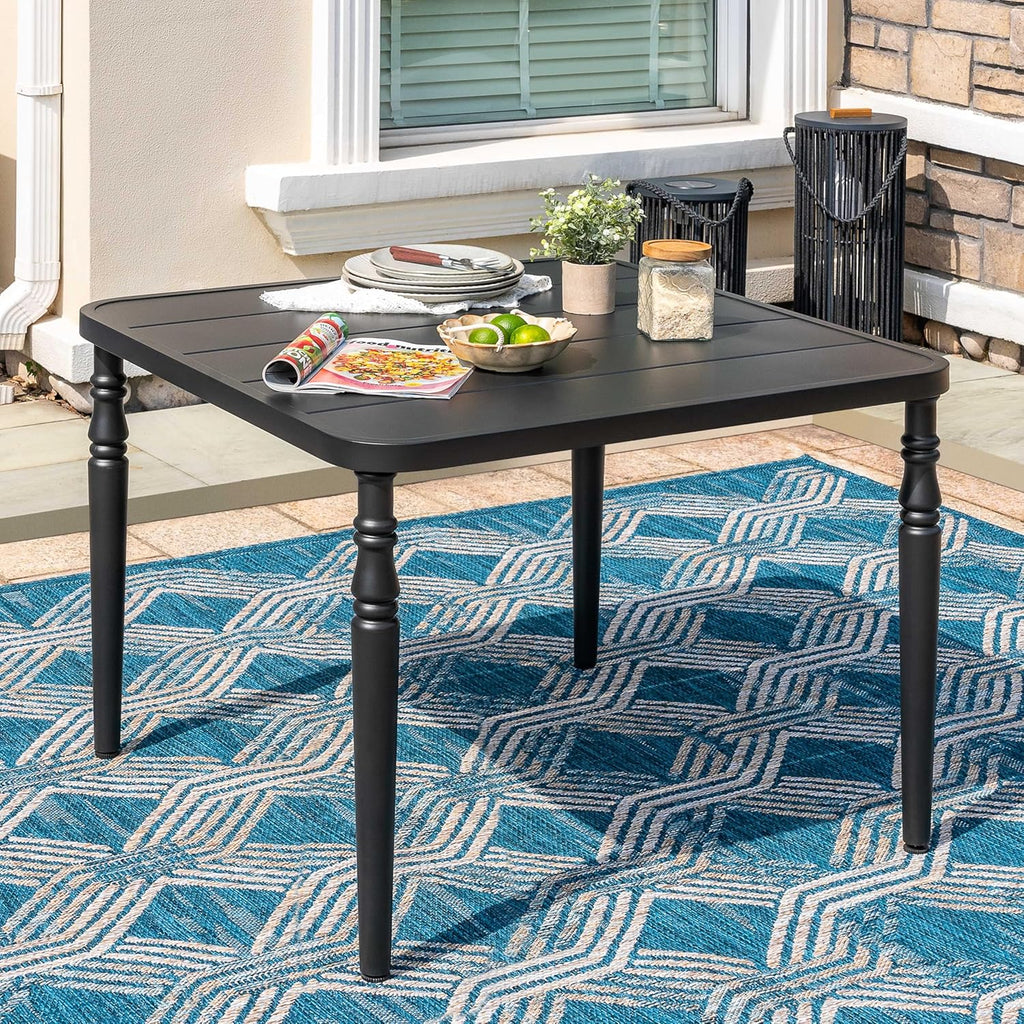 Table de salle à manger d'extérieur NUU GARDEN 94 cm (37 po), table carrée en métal dotée de trou pour parasol, table de patio avec cadre thermolaqué et plateau à lattes, pour jardin, cour et balcon, noire