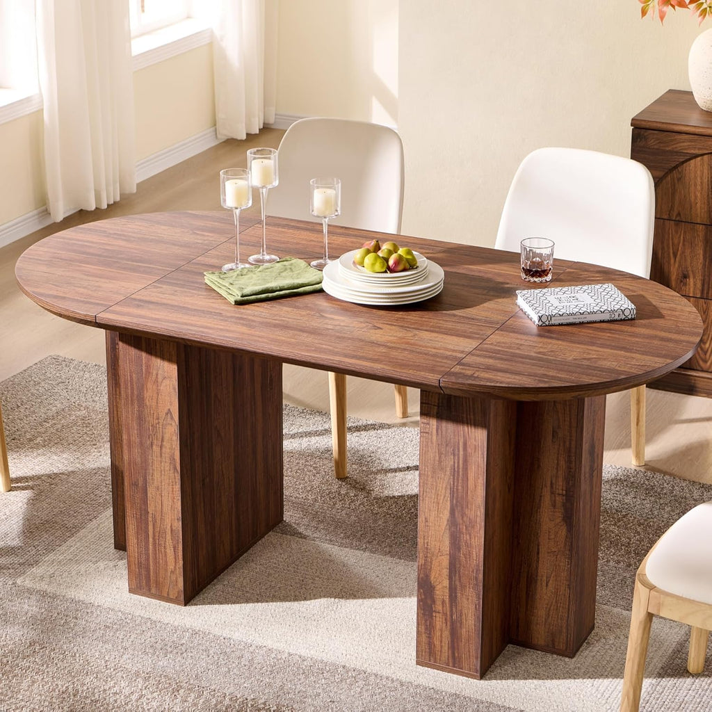 Table de salle à manger ovale moderne en bois OKD de 160 cm (63 pouces) pour 4 à 6 personnes, dotée de piètement stable en forme de T, structure en métal et plateau épais. Table de cuisine robuste, idéale pour la salle à manger ou la cuisine. Finitio