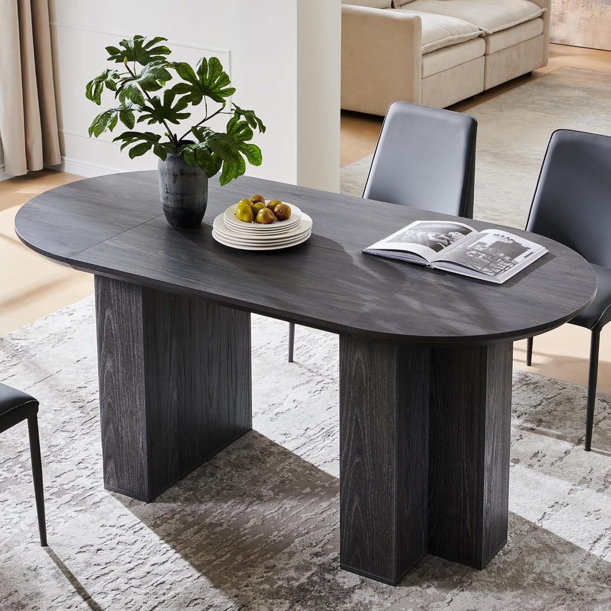 Table de salle à manger ovale moderne en bois OKD de 160 cm (63 pouces) pour 4 à 6 personnes, dotée de piètement stable en forme de T, structure en métal et plateau épais. Table robuste idéale pour la salle à manger, la cuisine ou les réunions de fam