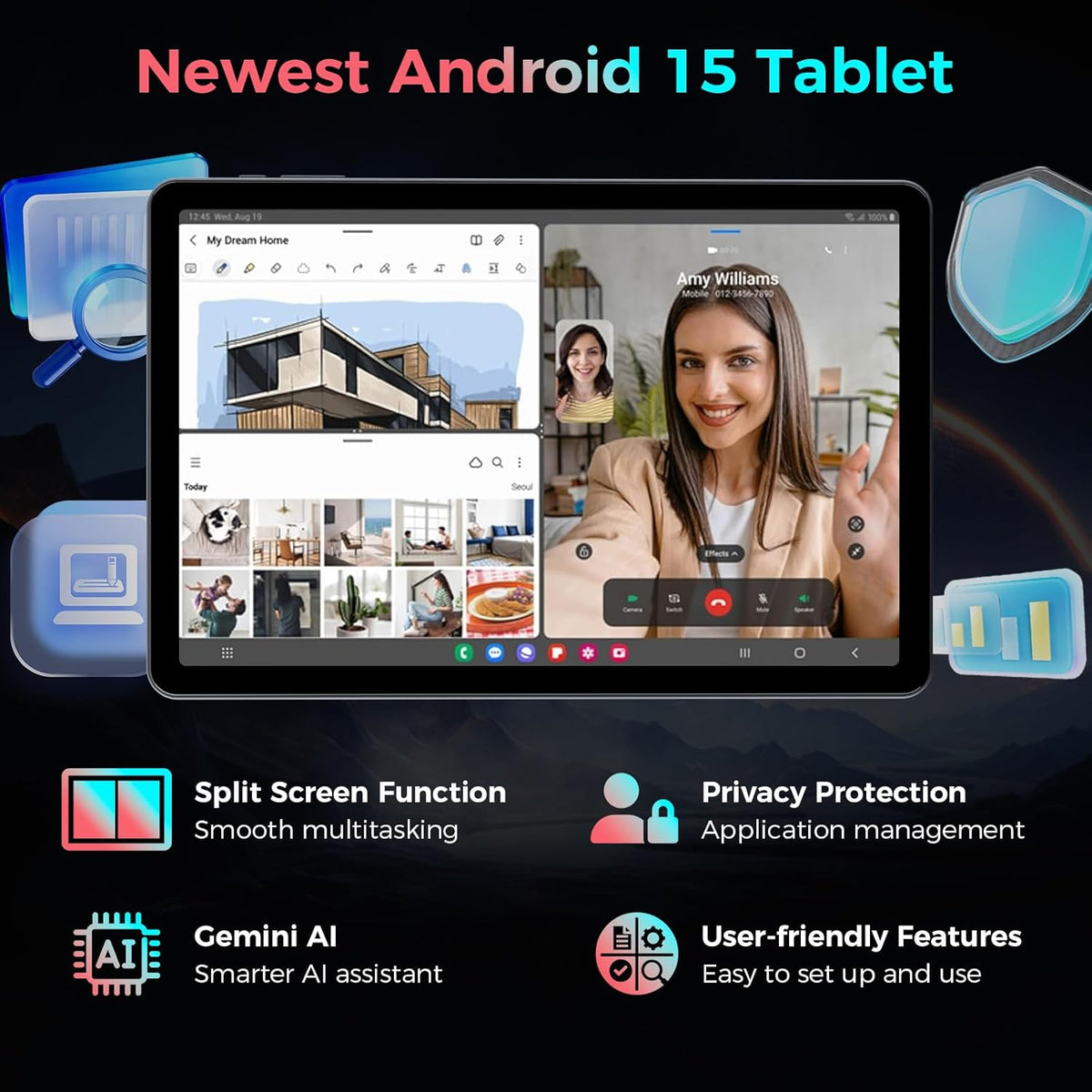 Tablette tactile avec clavier, tablette Android 15 (2026) avec 26 Go + 256 Go + 2 To extensible, écran 10 pouces, processeur 8 cœurs, intelligence artificielle Gemini, Wi-Fi 5G, batterie 8 000 mAh, Bluetooth 5.0, GPS, étui, souris et stylet inclus (é