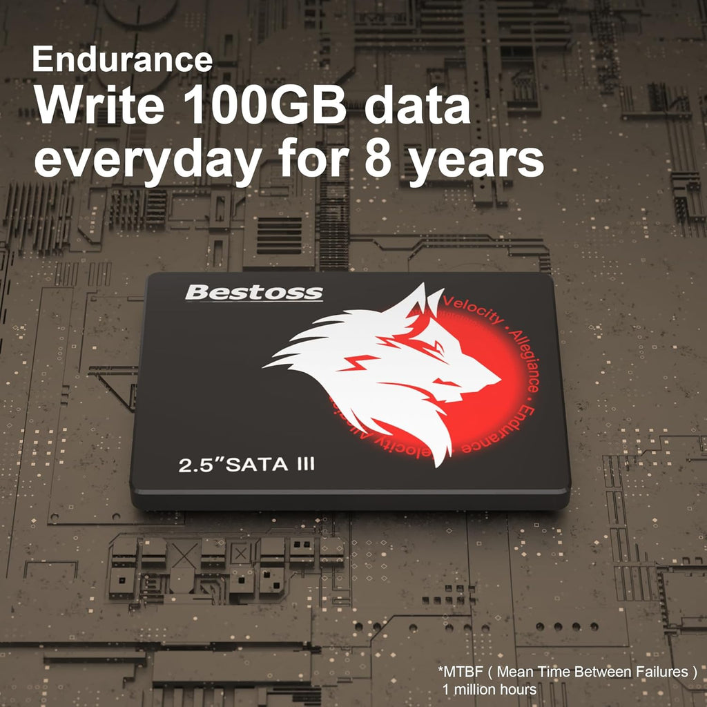 Disque dur interne SSD Bestoss 1 To 2,5 pouces pour PC ou ordinateur compact portable, SATA III 6 Gb/s, jusqu'à 550 Mo/s, idéal pour améliorer le stockage de votre ordinateur (bureau, étudiants, divertissement à domicile).