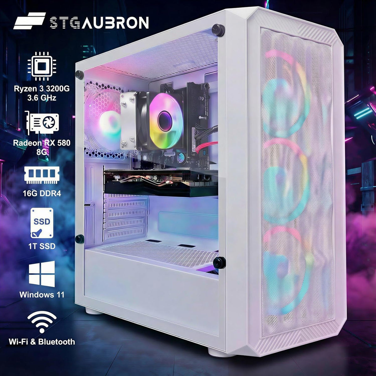 Ordinateur de bureau gaming STGAubron : processeur AMD Ryzen 3 3200G 3,6 GHz, carte graphique Radeon RX 580 8 Go, 16 Go de RAM DDR4, SSD 1 To, Wi-Fi 6, Bluetooth 5.0, 4 ventilateurs RGB, Windows 11 Famille. – Modèle pratique