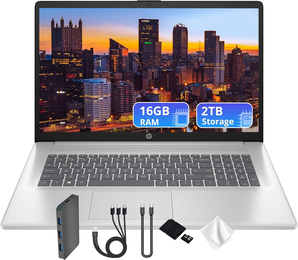 Ordinateur compact portable HP 17,3" FHD IPS antireflet, processeur Intel 7-150U, 16 Go de RAM, 2 To de stockage (SSD 1 To et station d'accueil 1 To), carte graphique Intel, pavé numérique, Wi-Fi 6, webcam 1080p, charge rapide, Windows 11 Famille