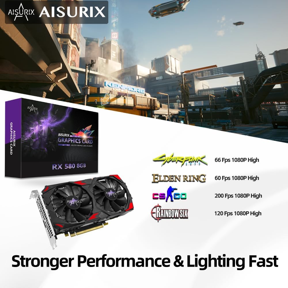 Carte graphique Kelinx AISURIX RX 580, 2048SP, 8 Go physiques, GDDR5, 256 bits, carte vidéo de jeu PC, 2 ports DP, HDMI, PCI Express 3.0 doté de fonction Freeze Fan Stop pour PC de bureau.