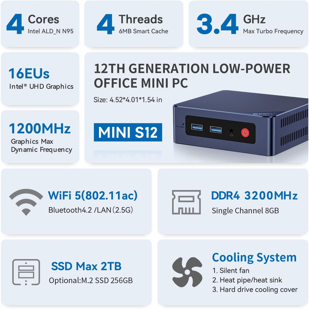 Mini PC Beelink Mini S12, processeur Intel N95 quadricœur de 12e génération (allant jusqu'à 3,4 GHz), 16 Go de RAM DDR4, SSD de 500 Go, double sortie HDMI, 4K UHD, Wi-Fi 5 double bande, Bluetooth 4.2, compatible HTPC et Windows 11 Home.