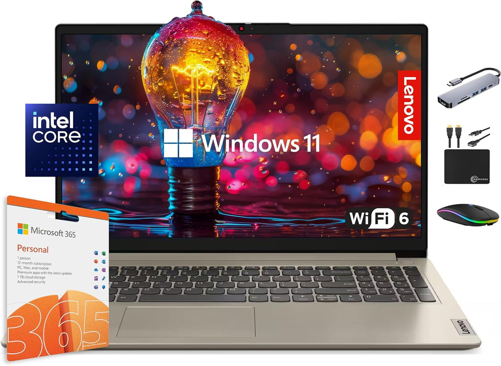 Ordinateur compact portable Lenovo IdeaPad 2025, écran 15,6 pouces, 12 Go de RAM, 1,1 To de stockage (500 Go SSD + 128 Go eMMC + 500 Go d'extension), processeur Intel double cœur, batterie longue durée, MarxsolAccessory, abonnement d'un an à Office