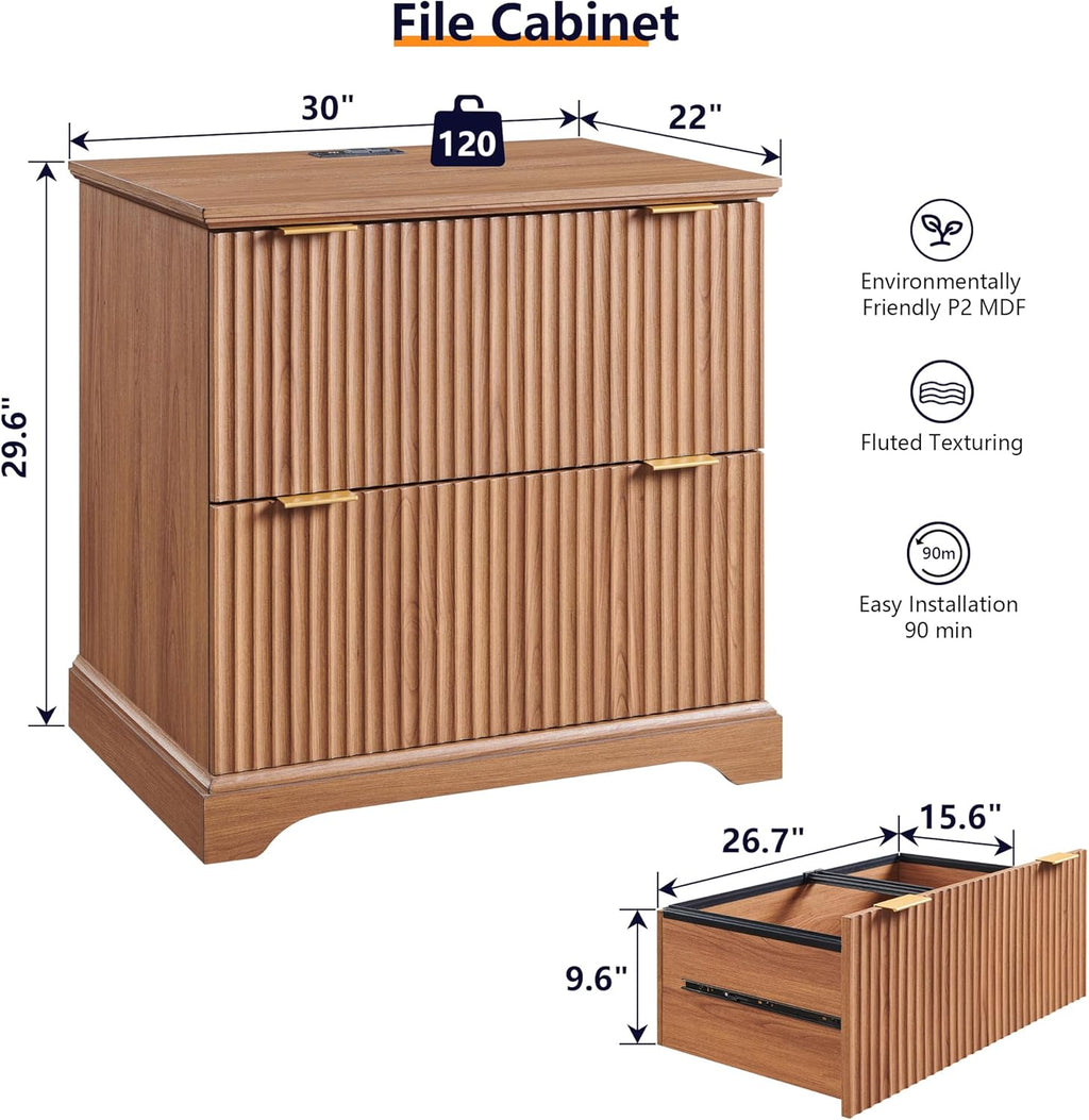 Classeur à deux tiroirs JXQTLINGMU dotée de station de charge, classeur latéral cannelé 30 pouces avec tringle de suspension pour dossiers format lettre/légal/A4, grand plateau pour imprimante, meuble de bureau en bois pour imprimante, finition grain