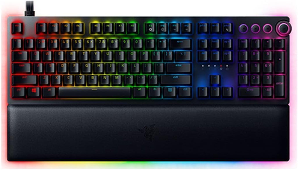Clavier de jeu analogique Razer Huntsman V2 : activation réglable par commutateurs optiques analogiques, mode de déclenchement réactif, éclairage Chroma RGB, repose-poignets magnétique, touches multimédias et molette dédiées, noir.