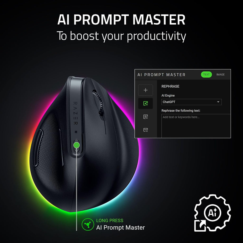 Souris verticale à connectivité sans fil Razer Pro Click V2 : Design ergonomique à 6 boutons - Aide intuitive en un clic - Compatible Windows et Mac - Connectivité multi-appareils via 2,4 GHz, Bluetooth ou USB-C doté de connectivité filaire…
