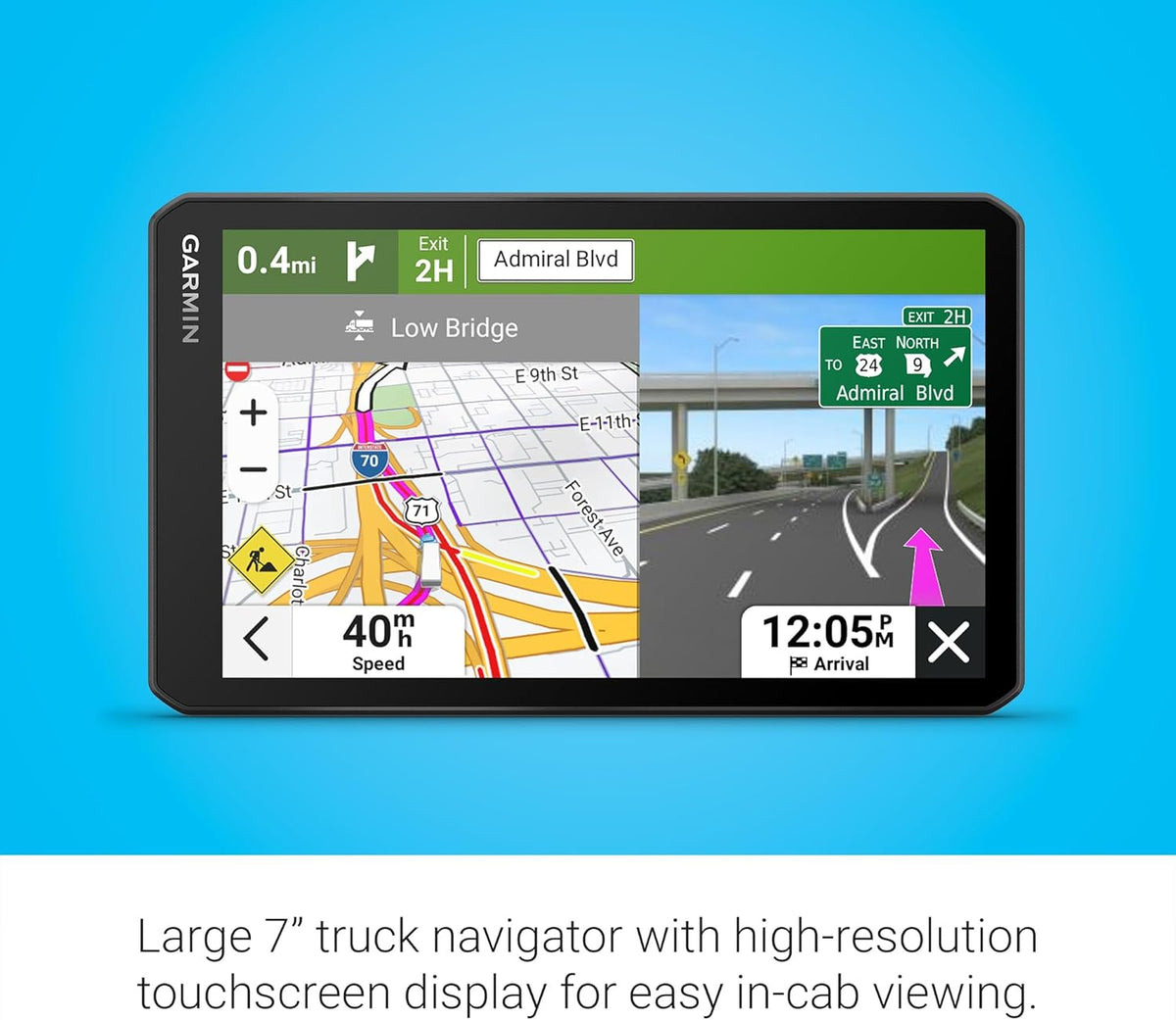 GPS Garmin dezl OTR720 écran généreux 7 pouces : Navigation personnalisée pour camions, imagerie satellite, vitesse du vent, quais de chargement et parkings partagés.