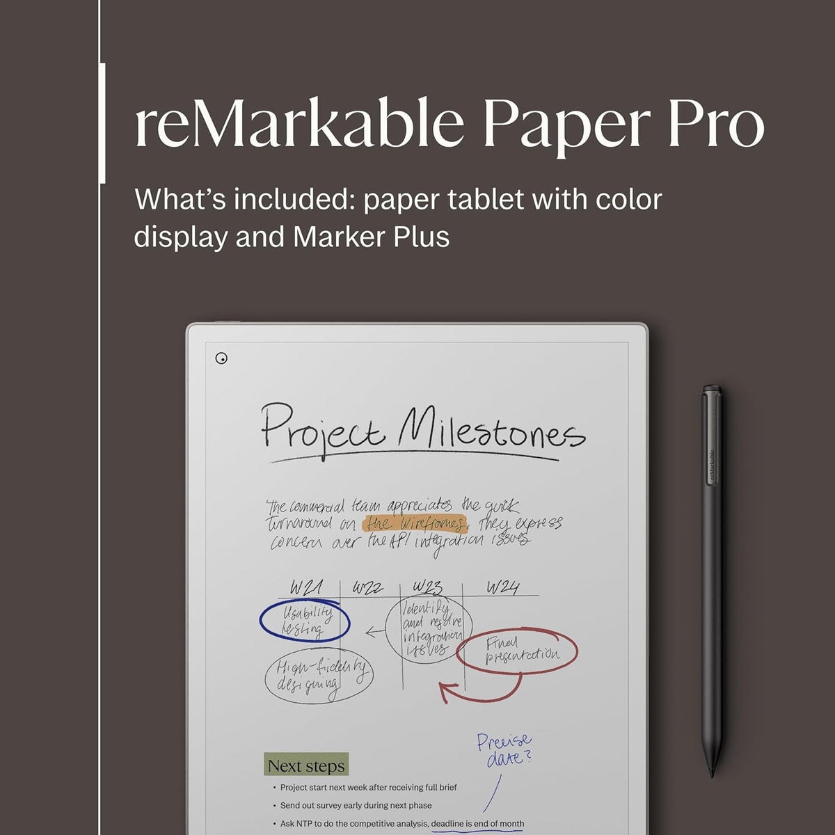 Pack reMarkable Paper Pro – Comprend une Tablette tactile graphique reMarkable Paper de 11,8 pouces et un marqueur avec stylet et gomme