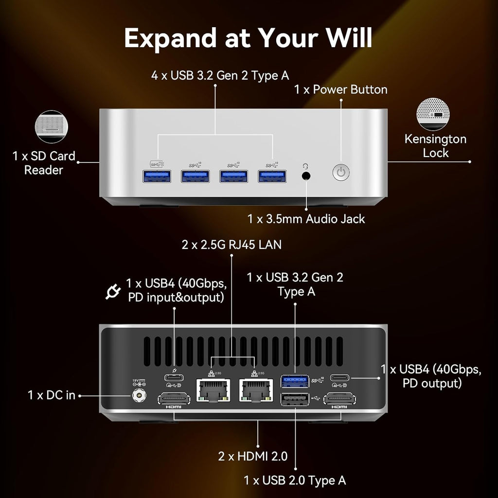 Mini PC GEEKOM Ultimate Performance Edition A8 Max doté de processeur AMD Ryzen 7 8745HS (plus performant que le 7735HS), 16 Go de RAM DDR5, SSD de 1 To (extensible, non LPDDR), double LAN, carte graphique Radeon 780M, Windows 11 Pro, USB 4.0 et 8K.