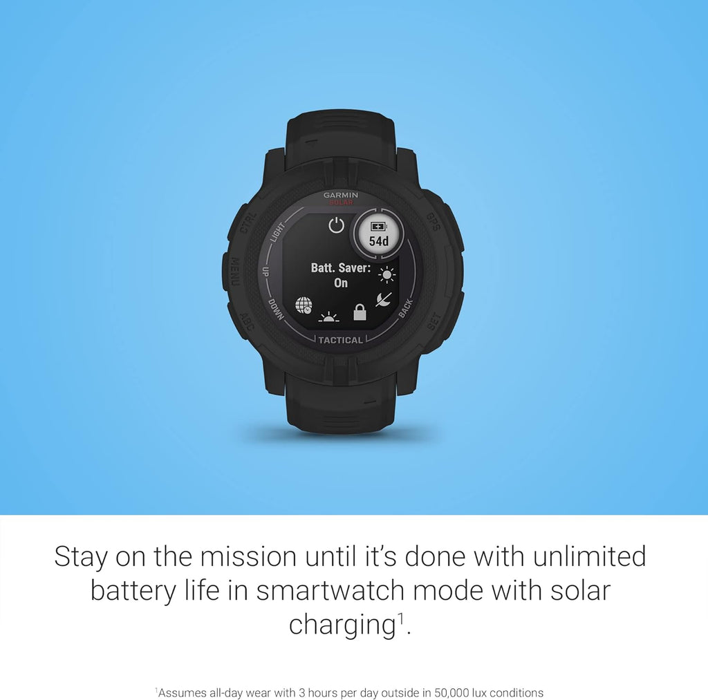 Montre Garmin Instinct 2 Solar Tactical-Edition robuste pour activités outdoor, doté de GPS, recharge solaire, conçue pour résister à tous les éléments, compatibilité multi-GNSS, fonction de retour en arrière et bien plus encore (noire).