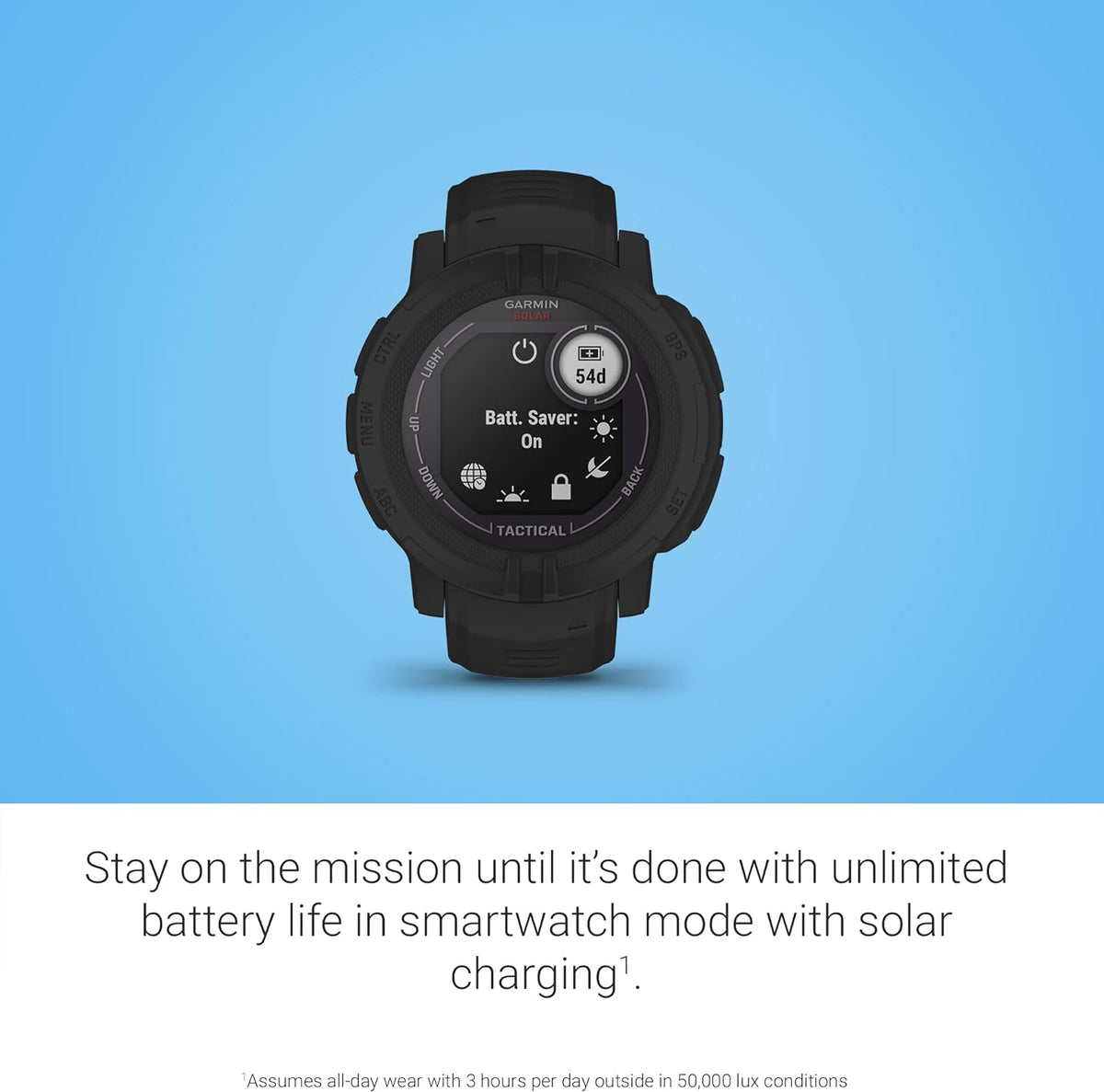 Montre Garmin Instinct 2 Solar Tactical-Edition robuste pour activités outdoor, doté de GPS, recharge solaire, conçue pour résister à tous les éléments, compatibilité multi-GNSS, fonction de retour en arrière et bien plus encore (noire).