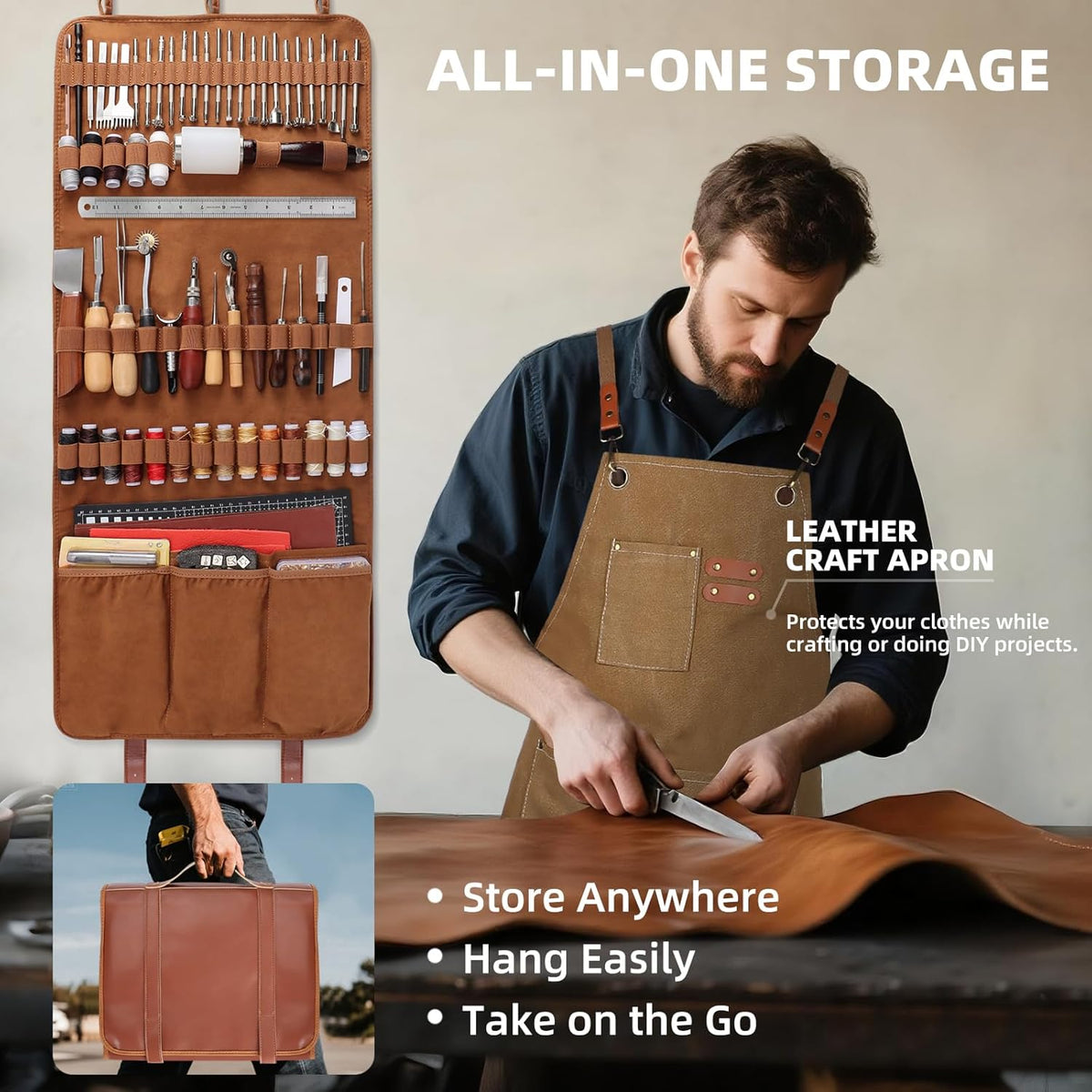 Kit d'outils pour un usage professionnel du cuir : ensemble complet incluant un tablier, des tapis de découpe, des outils de marquage, de gravure, de poinçonnage, de couture et de ponçage pour la fabrication et la réparation du cuir. adapté à les…