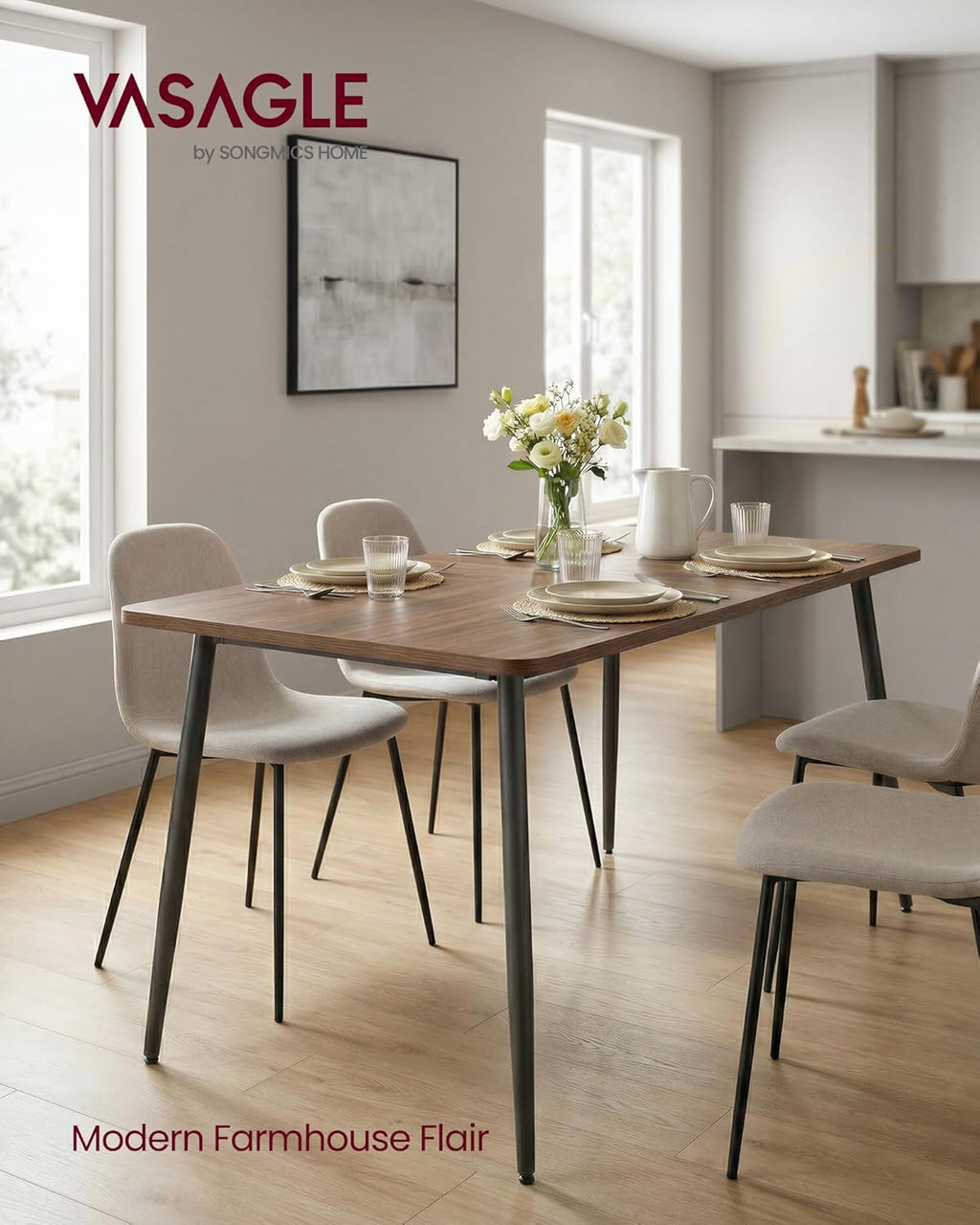 Table de salle à manger VASAGLE pour 4 à 6 personnes, style ferme moderne, montage rapide, plateau résistant à la chaleur, 140 x 75 x 75 cm, pour la cuisine, noyer naturel et noir encre UKDT100K02V2 pratique