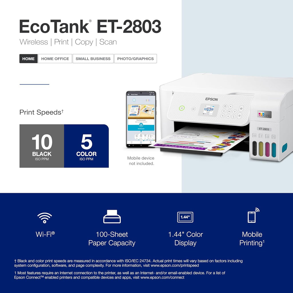 Imprimante multifonction couleur à connectivité sans fil Epson EcoTank ET-2803, sans cartouches, doté de fonction de numérisation, de copie et compatibilité AirPrint.