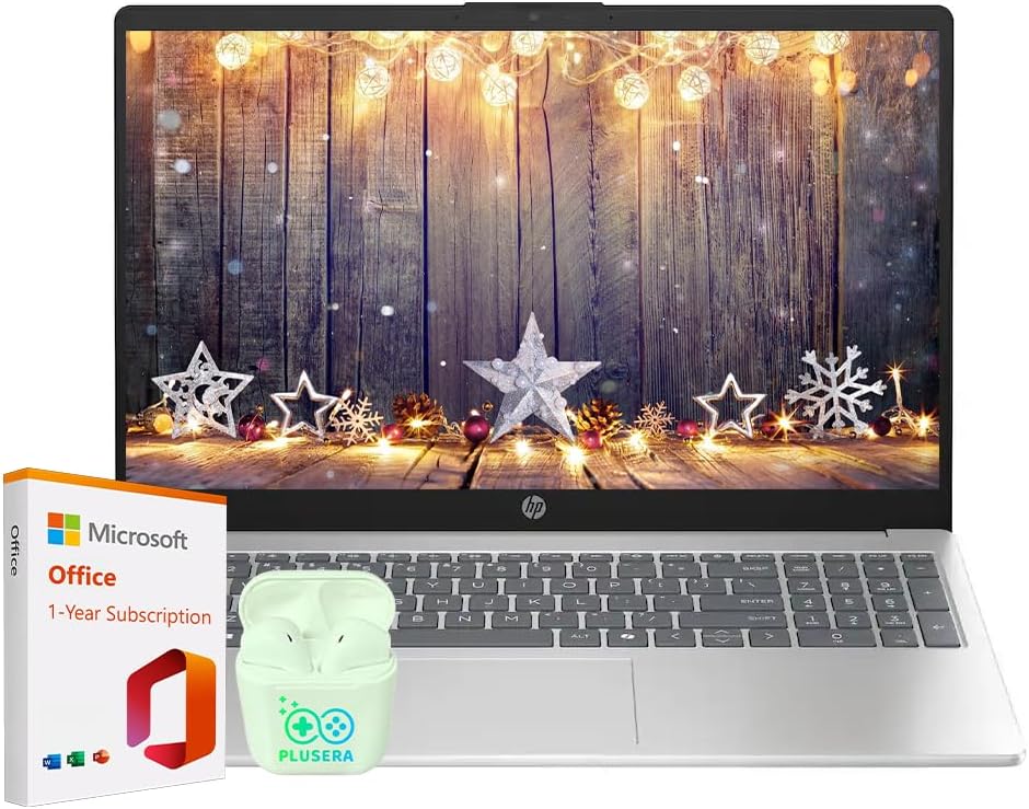 Ordinateur compact portable professionnel HP 15,6 pouces avec Microsoft Office 365 et Copliot AI, 16 Go de RAM, SSD de 128 Go, processeur Intel quadricœur, Windows 11, écouteurs PLUSERA, argent naturel