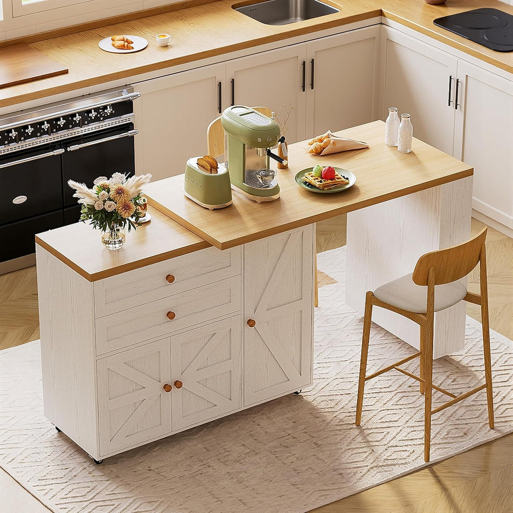 Îlot de cuisine mobile IRONCK dotée de rangement, chariot de cuisine de 180 cm avec 3 étagères et tiroirs, plateau pivotant à 360° et porte-épices, blanc