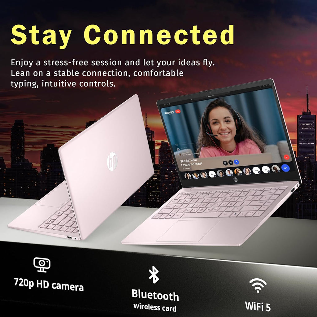 Ordinateur compact portable HP Stream 14 HD, processeur Intel N150, 16 Go de RAM, 416 Go de stockage (128 Go UFS + station d'accueil de 288 Go), carte graphique Intel, abonnement d'un an à Office 365, Copilot, Wi-Fi, webcam HD, Windows 11, rose