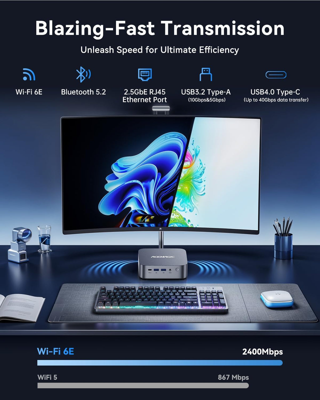 Mini PC de jeu ACEMAGIC Intel Core i9 13900HK, 32 Go de RAM, SSD de 1 To (14 cœurs/20 To), allant jusqu'à 5,4 GHz, USB 4.0/HDMI/DP/Wi-Fi 6E, LAN 2,5 GHz, Windows 11 Pro, compatible doté de les ordinateurs de bureau au format compacts et les…