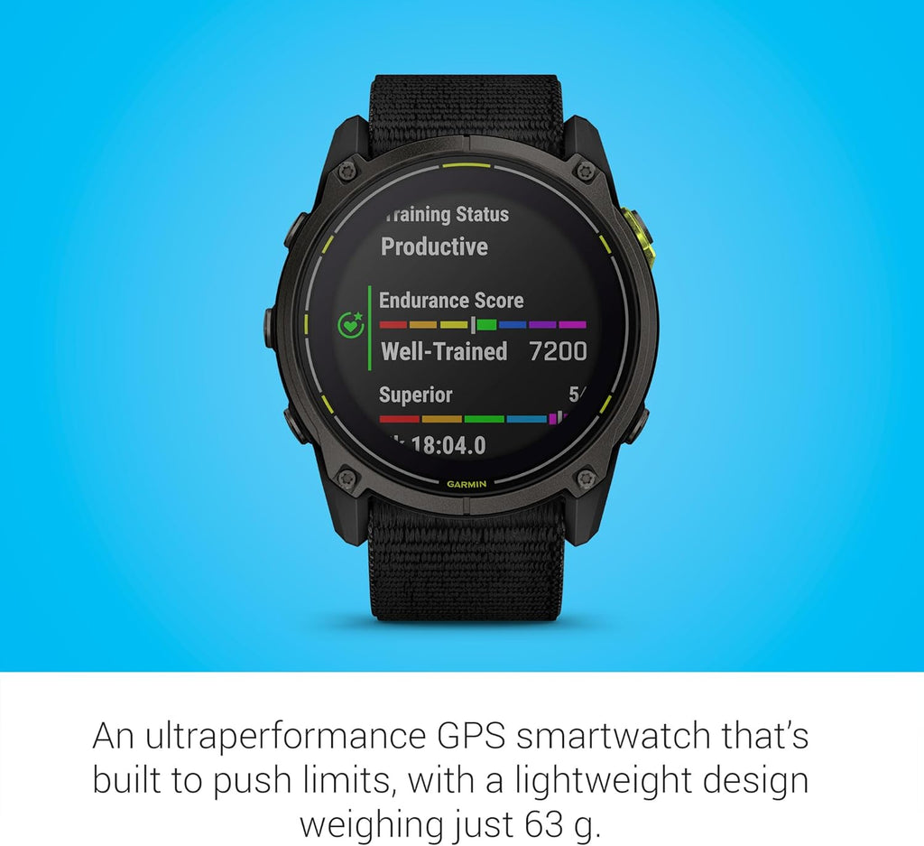 Présentation : Garmin Enduro™ 3 – 51 mm Montre connectée GPS ultra-performante avec boîtier en titane DLC gris carbone et bracelet en nylon noir UltraFit