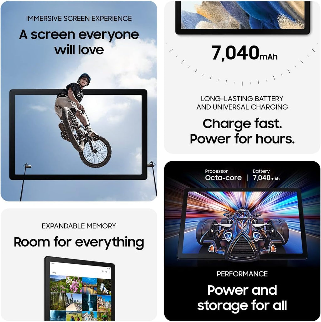 Tablette tactile Samsung Galaxy Tab A8 10,5" 64 Go Android, écran LCD, contenu pour enfants, Smart Switch, mémoire extensible, batterie longue durée, charge rapide, version US 2022, argent, exclusivité Amazon