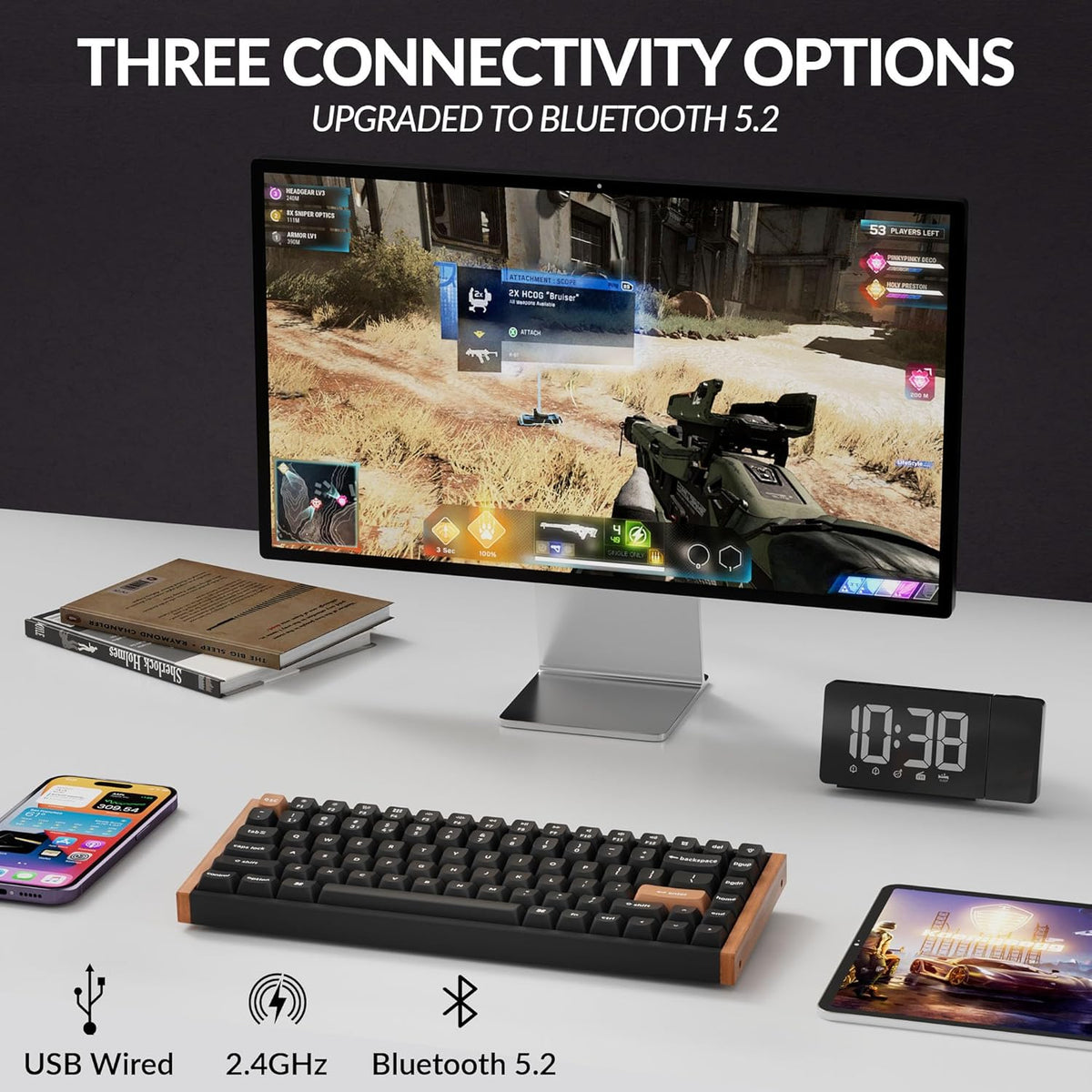 Clavier à connectivité sans fil personnalisé Keychron K2 HE à déclenchement réactif doté de interrupteur magnétique Gateron à double rail et effet Hall, Bluetooth 5.2 QMK 2,4 GHz, RGB, compatible Mac, Windows et Linux (aluminium et bois)
