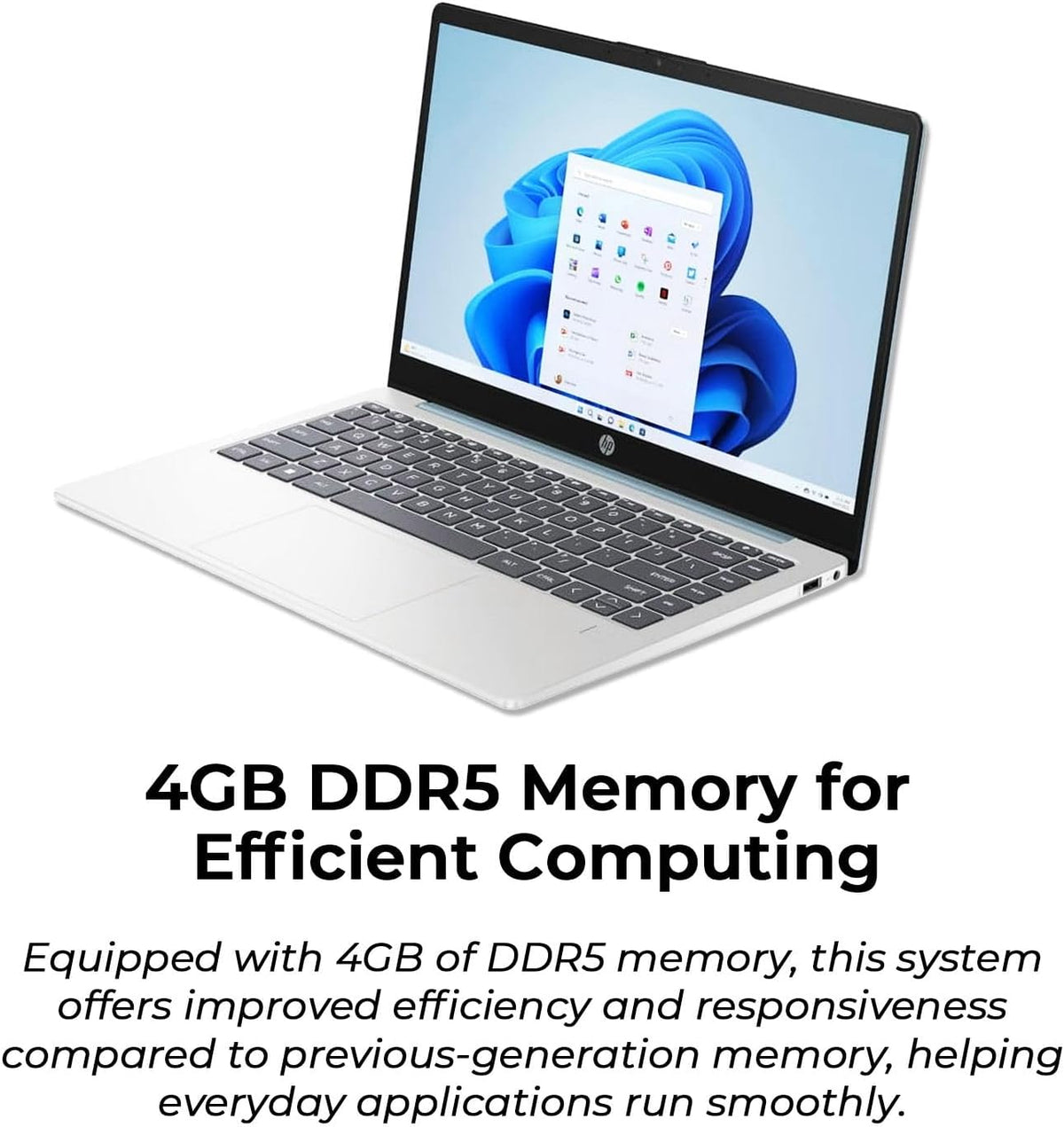 Ordinateur compact portable HP 14 Bleu clair de lune avec Office 365, processeur AMD, 4 Go de mémoire vive DDR5 intégrée, 1,1 To de stockage (128 Go SSD et 1 To OneDrive), écran HD, Windows 11, performances économes en énergie et silencieuses.
