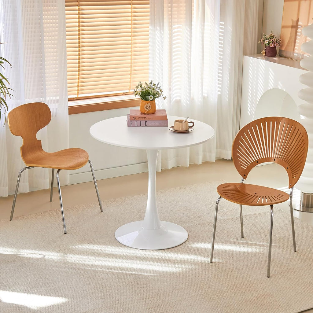 Table de salle à manger ronde, table tulipe circulaire de 80 cm dotée de plateau épais et pied en métal, table bistro moderne du milieu du siècle pour cuisine, petits espaces, salon, café (blanche)